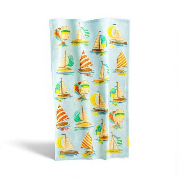 Stonewall Kitchen Sail Away Nautical Tea Towel, Cotton, Colorful Sailboats, New - Picture 1 of 2